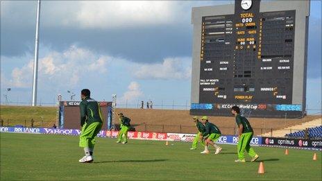 Pakistani cricketers play during a practice session, Sri Lanka