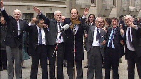 Chris Mullin (centre) with Birmingham Six following the successful appeal