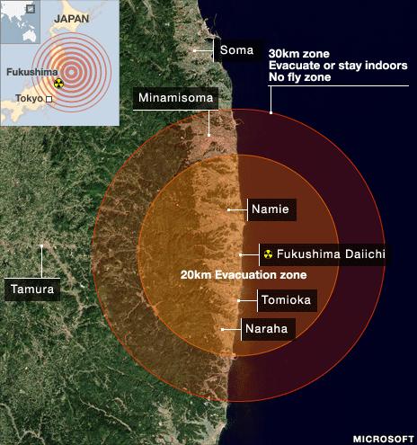 Map of exclusion zone around Fukushima Daiichi nuclear power plant - 15 March 2011