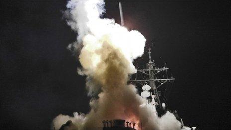US destroyer USS Barry launches Tomahawk missiles on Libya (19 March 2011)