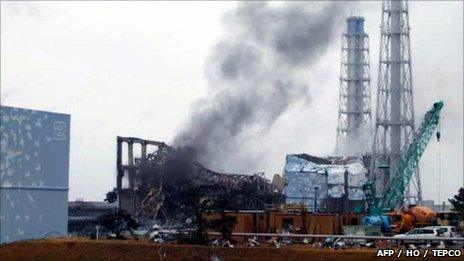 Handout picture released by TEPCO via Jiji Press on 21 March shows smoke rising from reactor No 3 at the Fukushima Daiichi nuclear plant