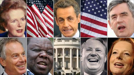 Margaret Thatcher, Nicolas Sarkozy, Gordon Brown, Julia Gillard, Ted Heath, Morgan Tsvangirai and Tony Blair