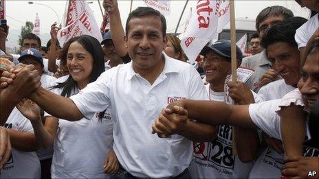 Peruvian presidential candidate Ollanta Humala with supporters