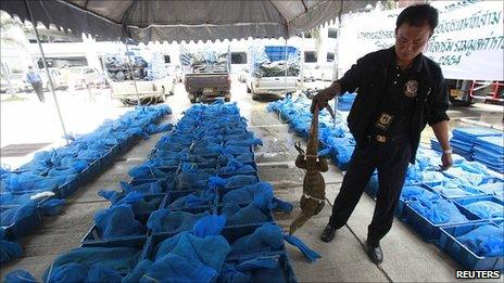 Thai customs officer holds up a monitor lizard