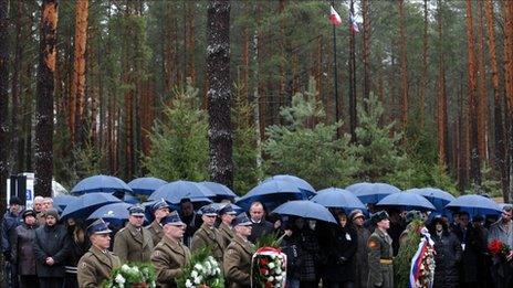 Grieving relatives of the victims of the April 2010 crash visit Katyn on 9 April 2011.