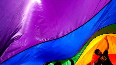Gay rights activists hold a rainbow flag