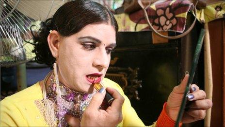 Shezadi - transgender putting on make -up - Karachi