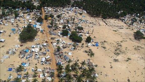 Aerial view of section of abandoned camp in former conflict zone on the Sir Lanka's north-eastern coast (file image from 23 May 2009)