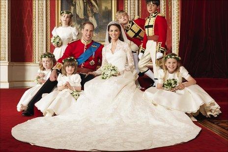 Photo issued by Clarence House of the bride and groom with attendants