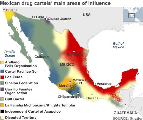 Map showing Mexican cartels' main areas of influence