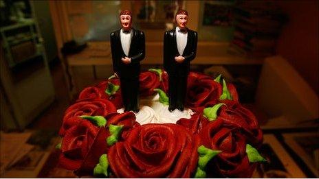 A wedding cake at a same-sex wedding ceremony.