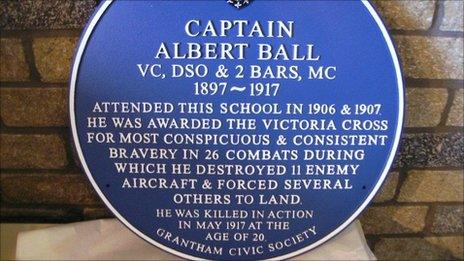 The blue plaque honouring Captain Albert Ball