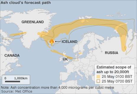 A map showing the predicted path of the ash cloud