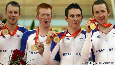 L-R: Paul Manning, Ed Clancy, Geraint Thomas and Bradley Wiggins with their gold medals at the Beijing Olympics