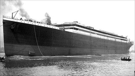 The Titanic when she was launched 100 years ago before her iconic four funnels were fitted