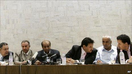 Libyan officers who defected from Col Gaddafi's regime, holding a news conference in Rome, 30 May 2011
