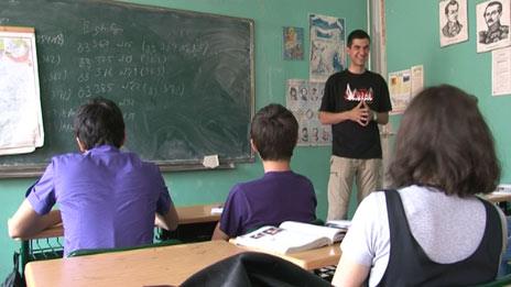 History teacher Davit Bragvadze takes a class