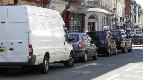 Vehicles parked on double yellow lines in Terrace Road, Aberystwyth