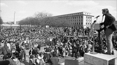 Daniel Ellsberg, chief defendant in the Pentagon Papers case, addresses an anti-Vietnam War rally in Pennsylvania on 1 April 1972.