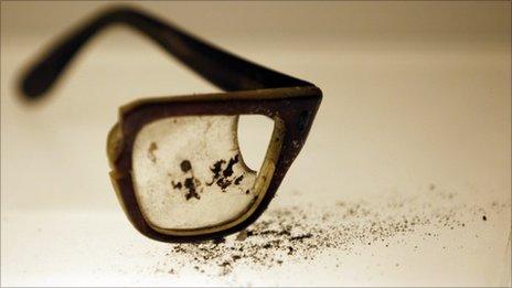 The damaged glasses used by President Salvador Allende when he died - exhibit at the National History Museum, Santiago