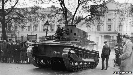 An armoured tank leaves Wellington Barracks in London on the penultimate day of the General Strike