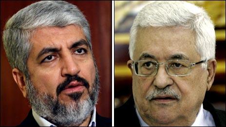 Compilation picture of Khaled Meshaal, left and Mahmoud Abbas
