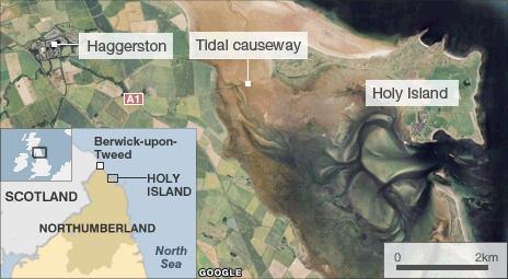 Satellite image of Holy Island and causeway