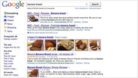 Screengrab of search results for banana bread