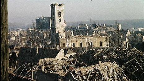 Vukovar town after heavy shelling during Croatia's war of independence, 1 January 1991