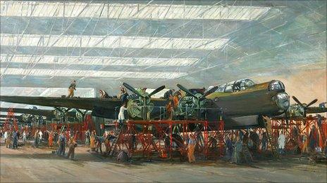 Avro Lancaster Bombers at Woodford, 1944, oil on canvas, Charles Cundall