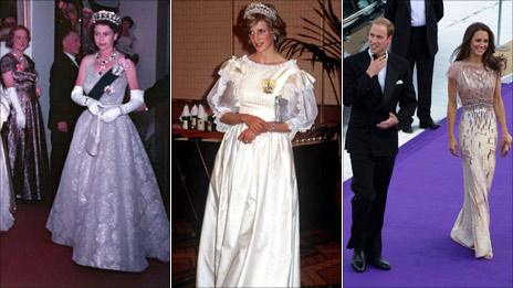 The Queen in mauve at a State Ball in Australia, 1954; Princess Diana in a cream Gina Frattini gown, 1983; and Kate Middleton in a Jenny Packham dress in London