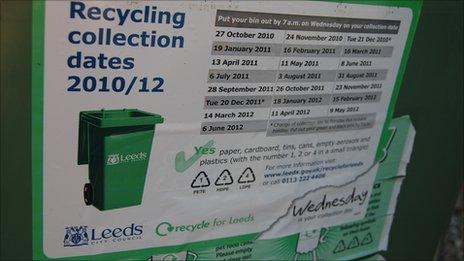 A recycling bin with collection dates label
