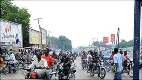 Motorbikes on a road in Maiduguri (July 2010)