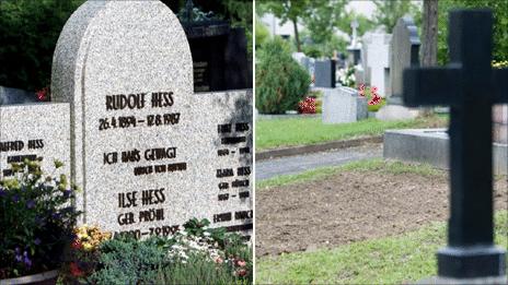 Rudolf Hess's grave, before and after. Picture left: Reuters, picture right: AP