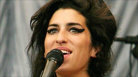 British pop singer Amy Winehouse performing at the Glastonbury music festival in 2007