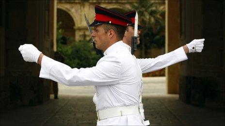 The changing of the guard ceremony outside the presidential palace in Valletta, Malta, 25 July