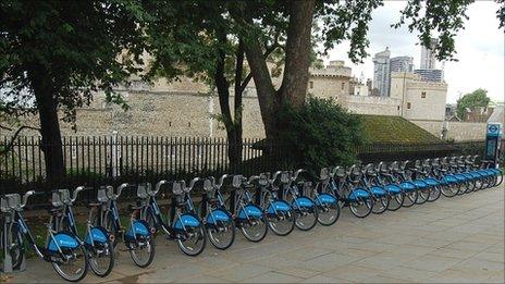 Cycle hire bikes at a docking station