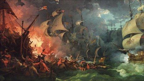 Defeat of the Spanish Armada, 1588-08-08 by Philippe-Jacques de Loutherbourg, painted 1796, depicts Drake's fire ship attack on the Spanish Armada