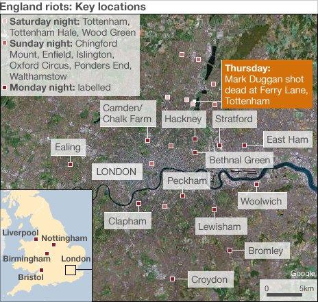 BBC map showing areas of London affected by rioting