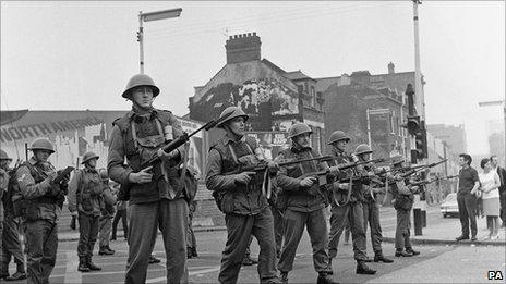 British soldiers in Belfast in 1969 during rioting