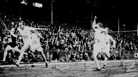 Harold Abrahams crosses the line to win the 100 metres at the 1924 Olympic Games in Paris.