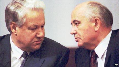 Boris Yeltsin, left, and Mikhail Gorbachev