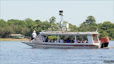 Google Street View trike on top of a boat on the Amazon river