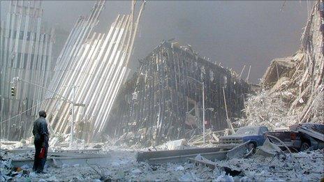 Remains of World Trade Center buildings after the attacks on 11 September 2001