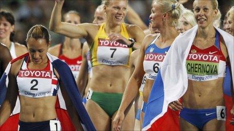 Jessica Ennis and Tatyana Chernova after the world heptathlon in Daegu