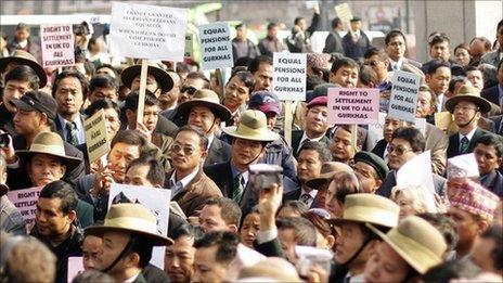 Retired Gurkha soldiers stage a mass protest along Whitehall in 2007, over Britain's refusal to give them full pensions and other rights.