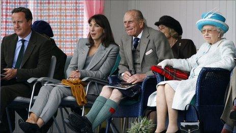 David Cameron and his wife Samantha along with the Queen and Prince Philip at Braemar Gathering