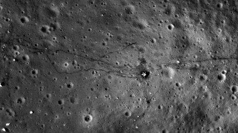 Tracks from the space probe visible on the surface of the Moon.