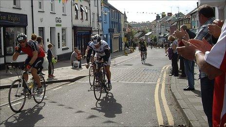 Ironman competitors cycling through Narberth
