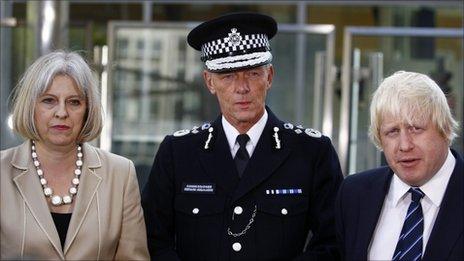 Home Secretary Theresa May, Metropolitan Police Bernard Hogan-Howe and London Mayor Boris Johnson